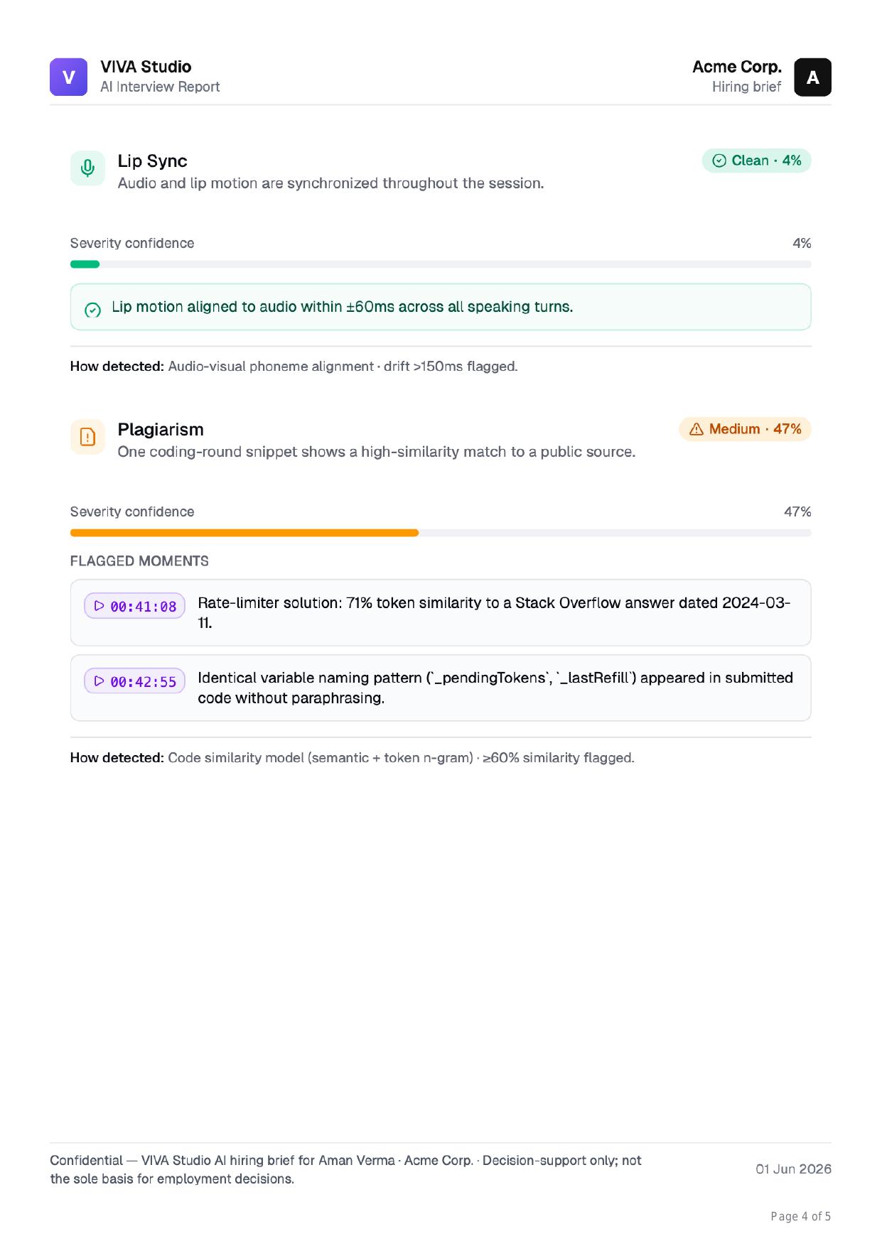 VIVA Integrity screen reading flag — 71% token similarity to a Stack Overflow answer with identical variable naming pattern