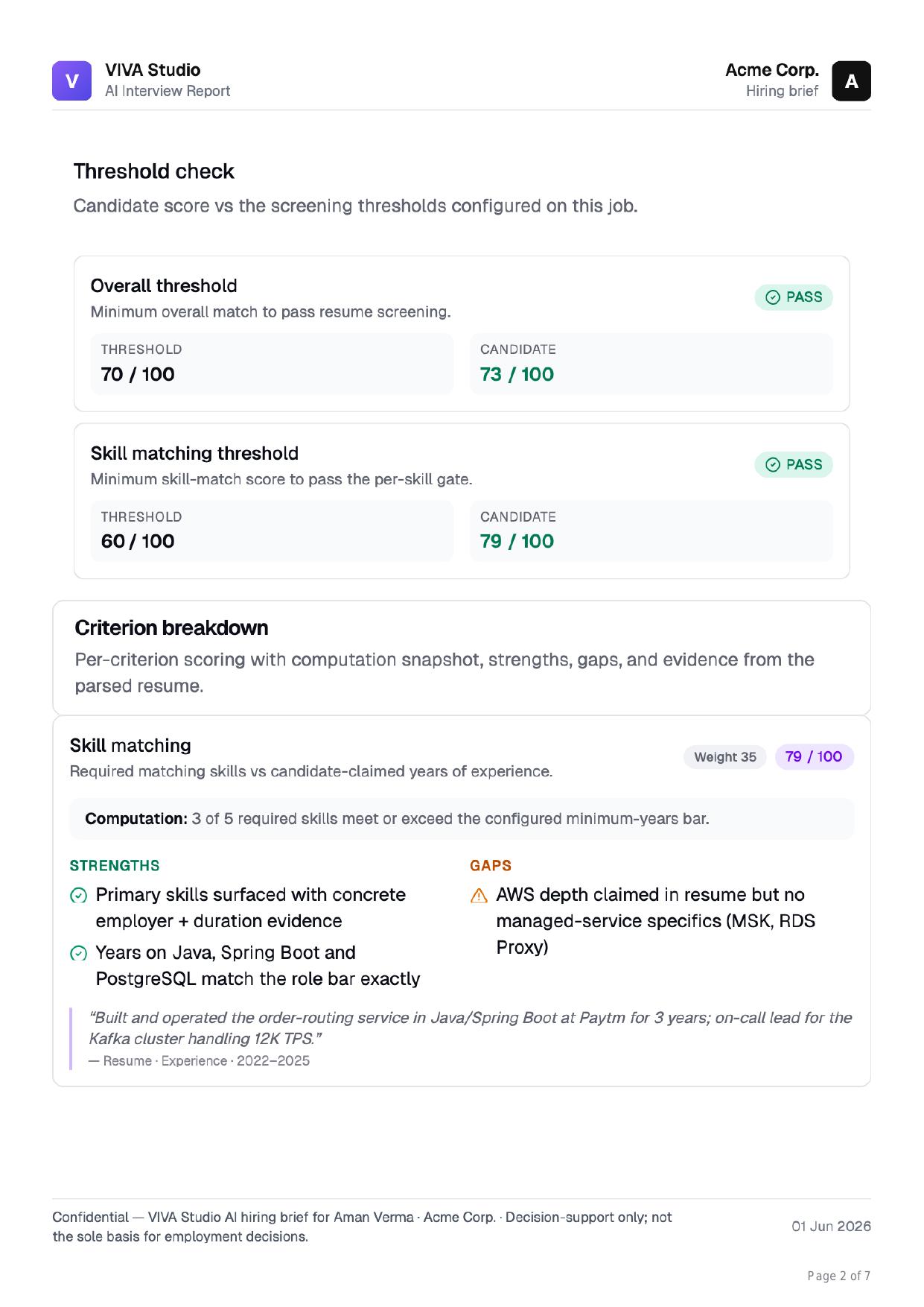VIVA Match threshold view — candidate score versus configured screening thresholds