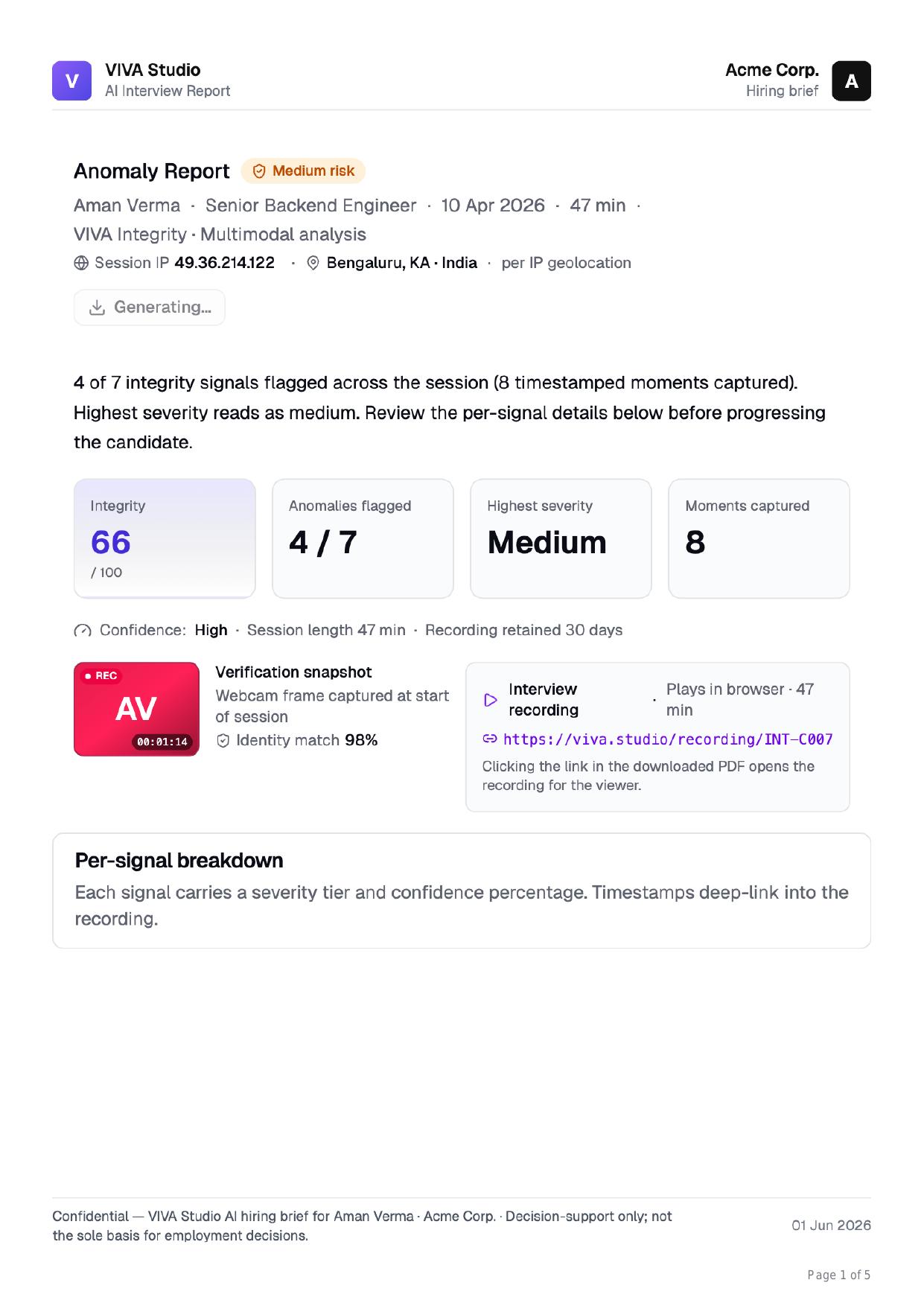 VIVA Integrity report — Integrity 66/100 with 4 of 7 signals flagged, medium highest severity, and 98% identity match
