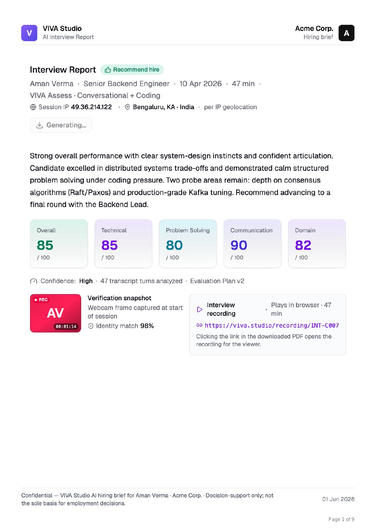 VIVA Assess interview report — overall, technical, problem solving, communication and domain scores with identity match